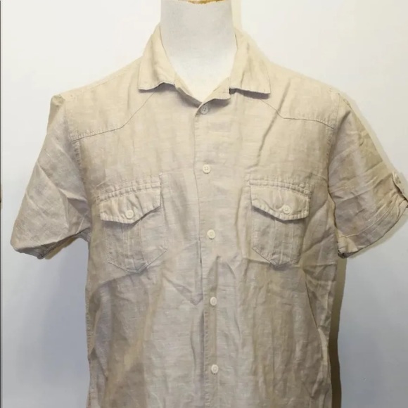 Springfield Men Short Sleeve Shirt Linen Sz Large Beach Brown Natural Summer - Picture 3 of 10
